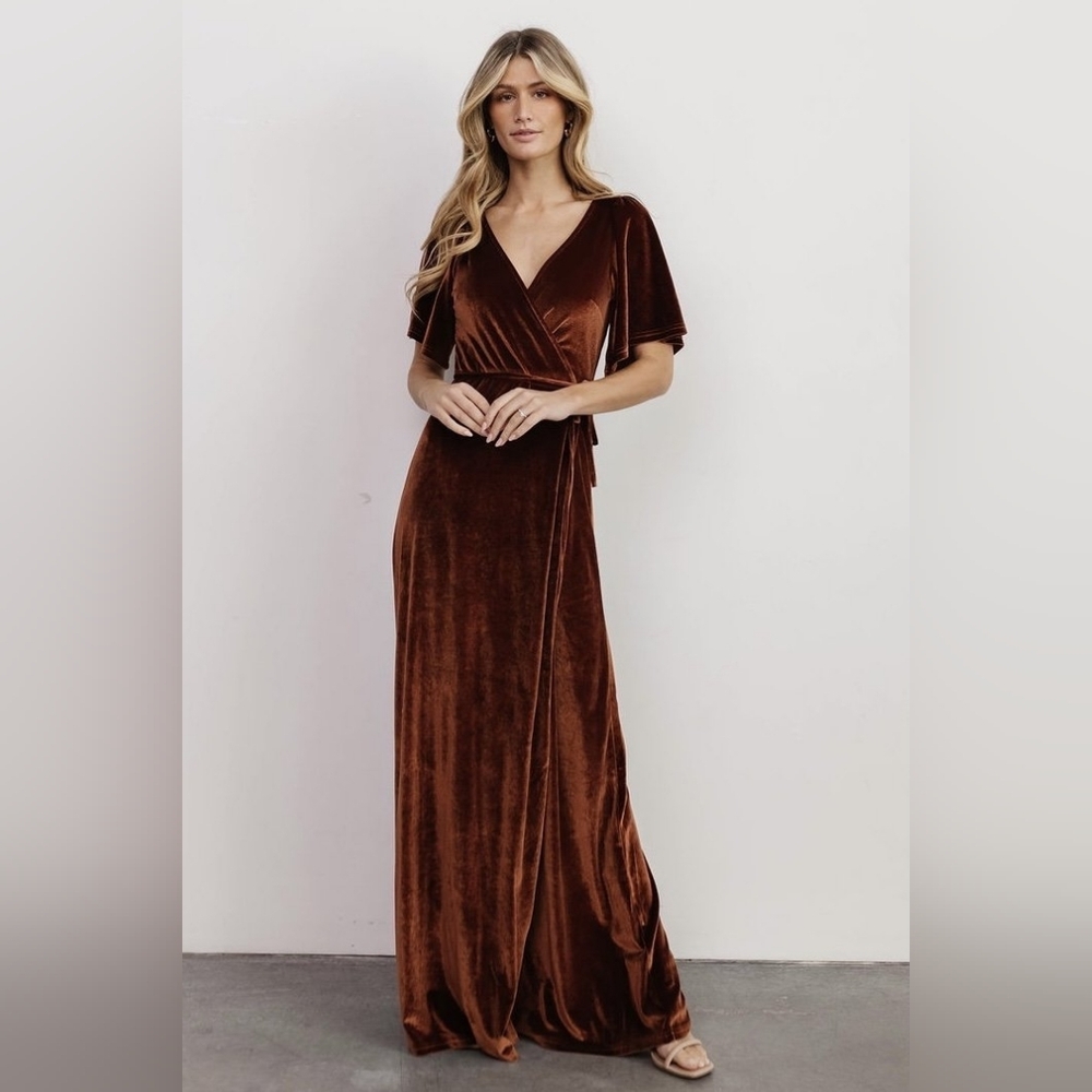 BALTIC BORN Meghan Velvet Wrap Maxi Dress Bronze Medium NWT - Picture 6 of 12